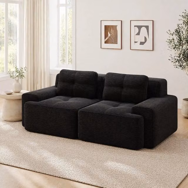 Divano modulare boneless in velluto a coste; seduta profonda 74 cm; nero