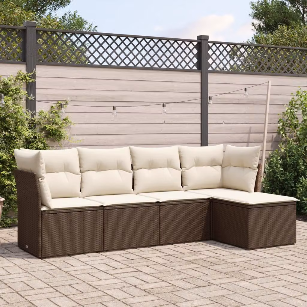 vidaXL Set Divano da Giardino 5 pz a Forma di L in Polyrattan Marrone con Cuscini Bianchi e Struttura in Metallo – 1