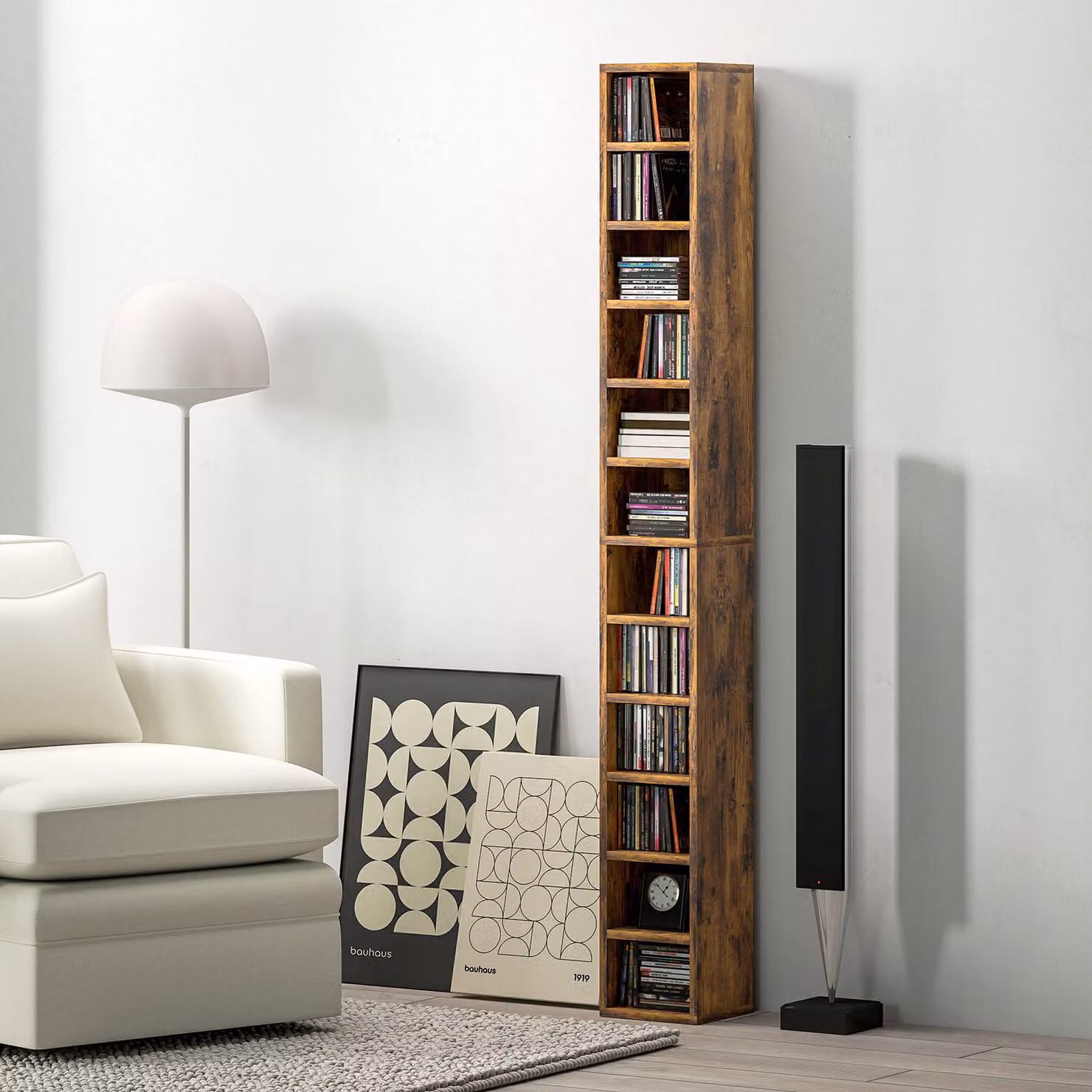 Libreria porta CD HOMCOM in MDF e legno, 12 ripiani per 204 CD, Marrone Rustico, L/P/H: 21 x 11,5 x 175 cm – 2