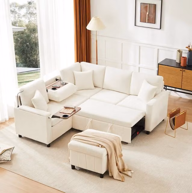 Divano angolare letto MODFU in ciniglia beige con pouf contenitore, porte USB e Type-C, L/P/H: 205 x 205 x 85 cm