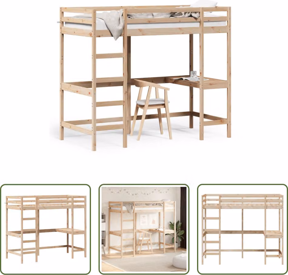 The Living Store Letto a soppalco con scrivania 100x200 cm in legno di pino massiccio