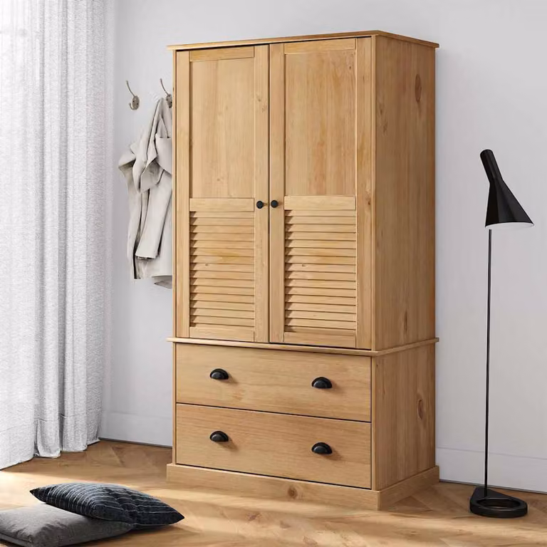 Armadio VIGO vidaXL in legno massello di pino, stile rustico, colore marrone, con cassetti integrati e appendiabiti, L/P/H: 90 x 55 x 170 cm