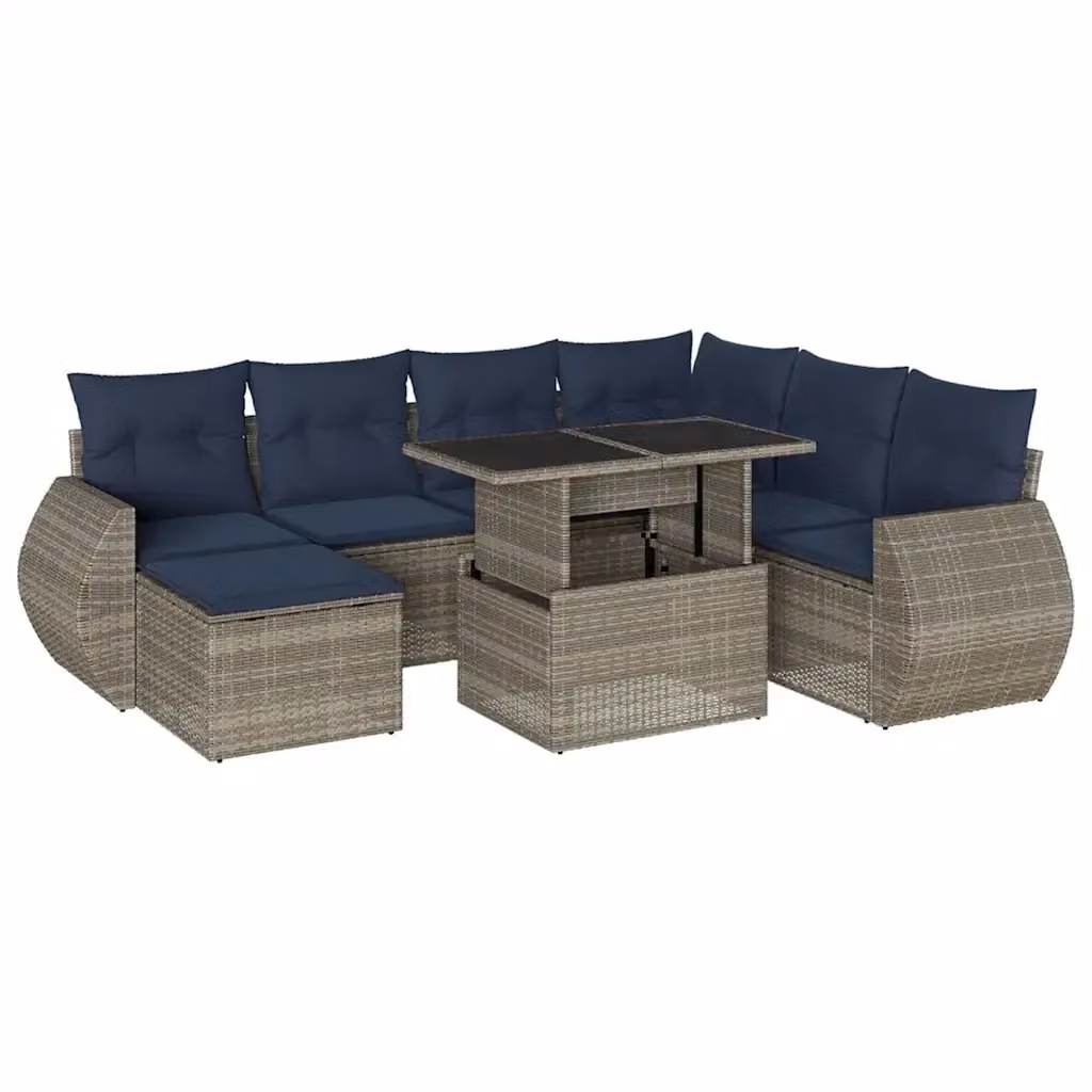 Set da giardino moderno vidaXL composto da 8 pezzi con divani a L, pouf e tavolino da caffè in rattan con cuscini blu e grigi – 2