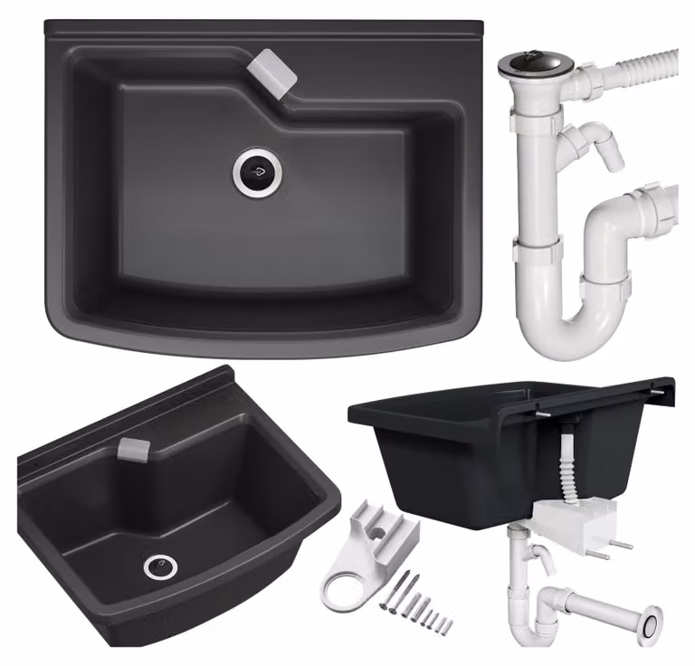 Granitan - Lavatoio - Lavandino 58,5x45 cm - Lavello nero - con miscelatore e sifone - VELORA