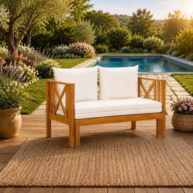2-seater Garden Bench With Cushions, 122 Cm, Solid Acacia Wood
