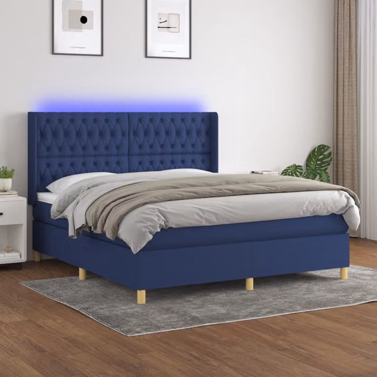 Letto Ibrido vidaXL con Materasso, Illuminazione LED Blu e Porte USB, Tessuto Blu e Bianco, L/P/H: 180 x 200 x 31 cm