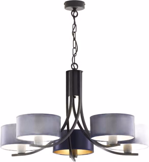 Lampadario a sospensione Jupiter con 5 paralumi blu e struttura in metallo nero e oro, dimmabile, per soggiorno e sala da pranzo