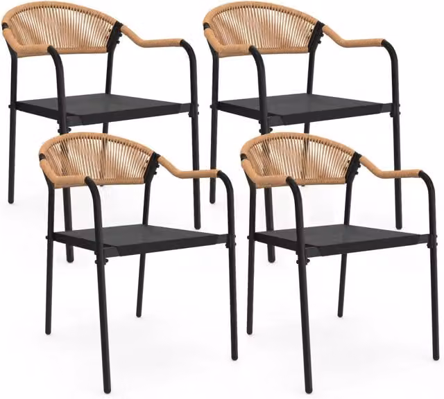 Set di 4 sedie da giardino IDMarket MADEIRA in metallo, corda e rattan con textilene nero e beige – 1