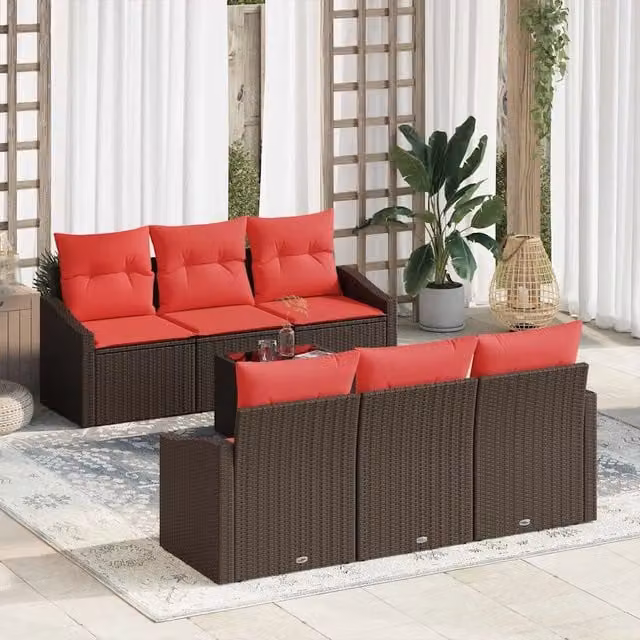 Set di divani 7 pz 3-Numero di posti Marrone e Rosso polyrattan 3346614