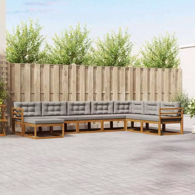 Set di divani da esterno a L vidaXL in legno di acacia con 8 pezzi, colore grigio e marrone, comprensivo di cuscini e pouf