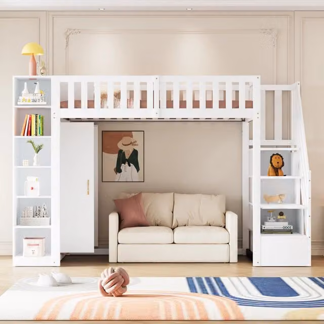 Letto a Soppalco 90x200 cm in Legno Bianco con Armadio; Mensole e Scala di Sicurezza con Cassetti