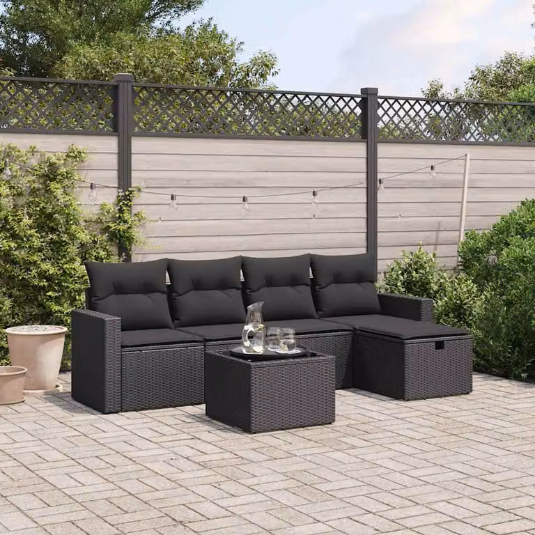 Set Divano da Giardino 6 pz vidaXL con Cuscini Nero in Polyrattan e Struttura in Acciaio