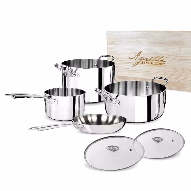Batteria di pentole per induzione Agnelli in Alu-inox 5PLy - 6 pezzi con scatola in legno