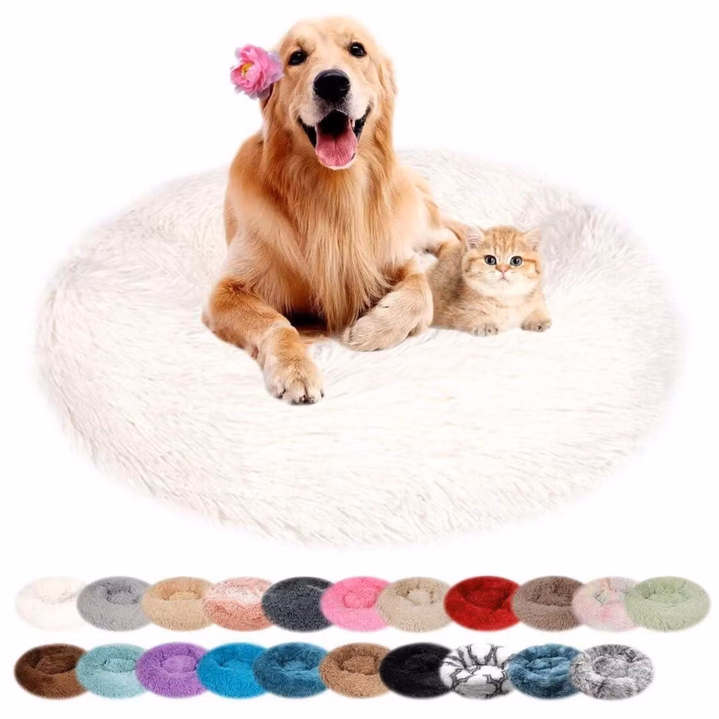 Cuccia per cani, rotonda, in peluche, lavabile, antiscivolo, bianca, 60 cm