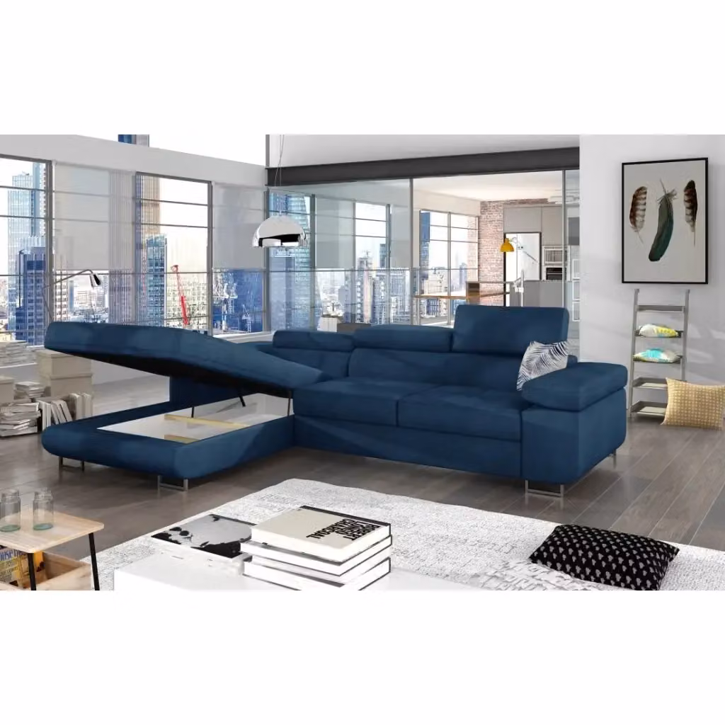 Divano angolare trasformabile AMANDA Meublorama blu con contenitore e funzione letto – 2