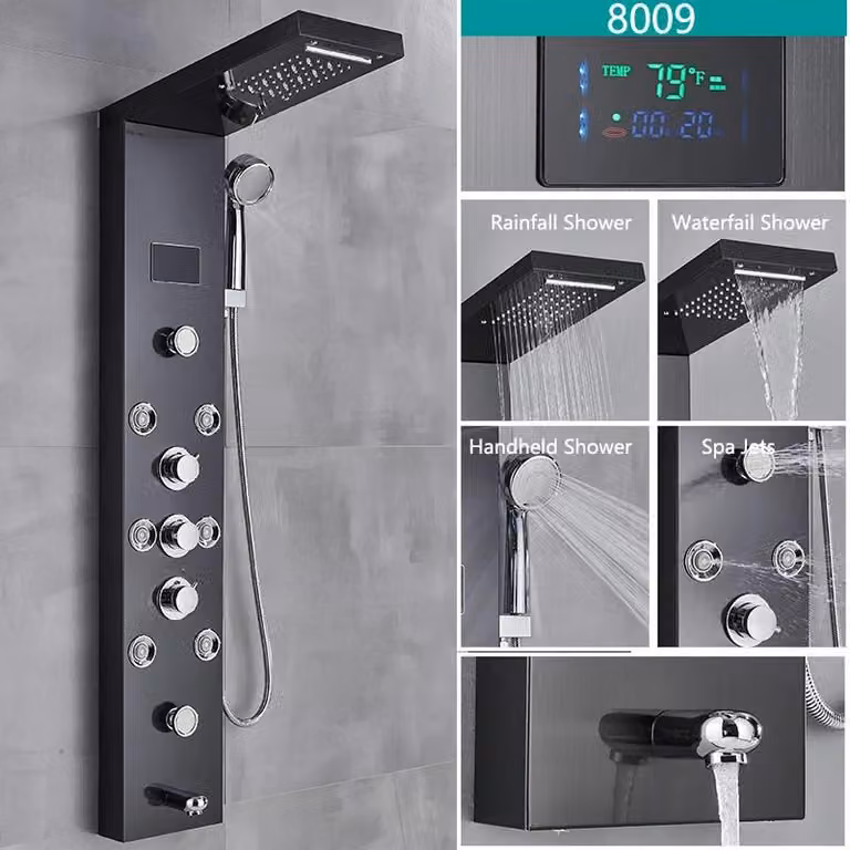 Pannello doccia LED - Miscelatore per vasca con doccia a pioggia - Display digitale della temperatura - 4 getti rotanti - Acciaio inossidabile 304 - Miscelatore a 3 vie - Nero 8009