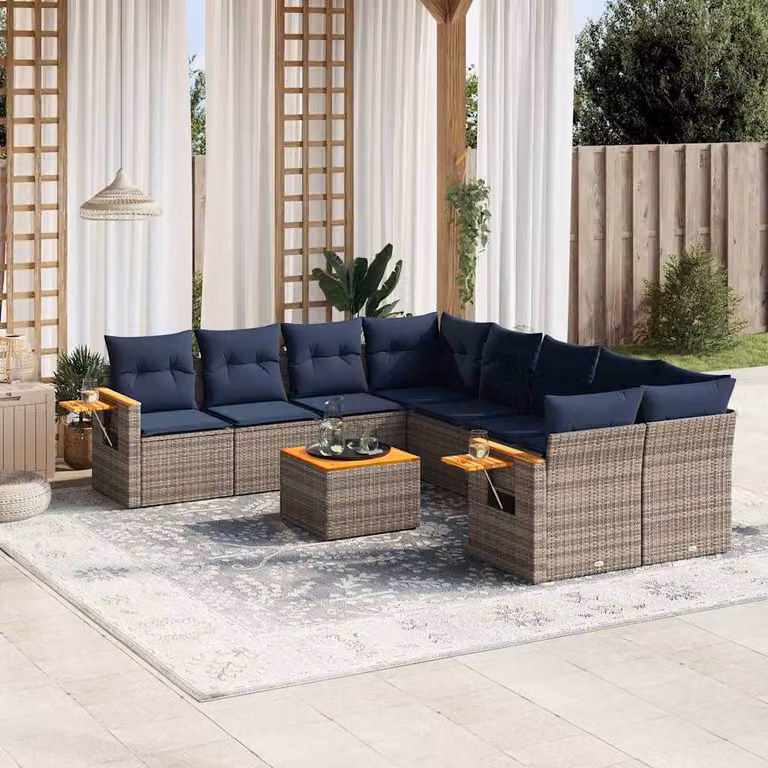 vidaXL Set Divani da Giardino 9 pz a Forma a U in Polyrattan con Cuscini Blu e Grigio