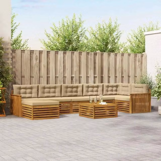 Set di divani da esterno vidaXL a forma di L in legno di acacia con tavolino e pouf, colore beige e marrone