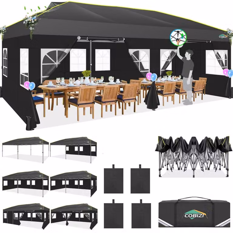 Tenda pop-up impermeabile e resistente al freddo, dimensioni 3x6 metri, con 6 pareti laterali, colore nero