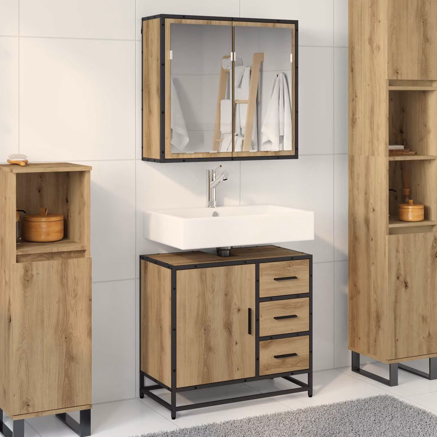 Set di mobili per il bagno moderno vidaXL composto da mobile sottolavabo e armadietto con specchio in legno e metallo marrone L/P/H: 60.0 x 39.36 x 65.0 cm
