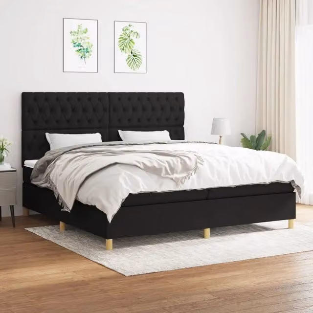 Letto Ibrido vidaXL con Giroletto a Molle e Materasso in Tessuto Nero e Bianco L/P/H: 200 x 200 x 203 cm – 1