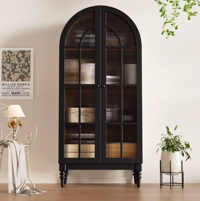 Vetrina alta ULEVR 76x35,5x165 cm con ante in vetro e scomparti interni, MDF nero