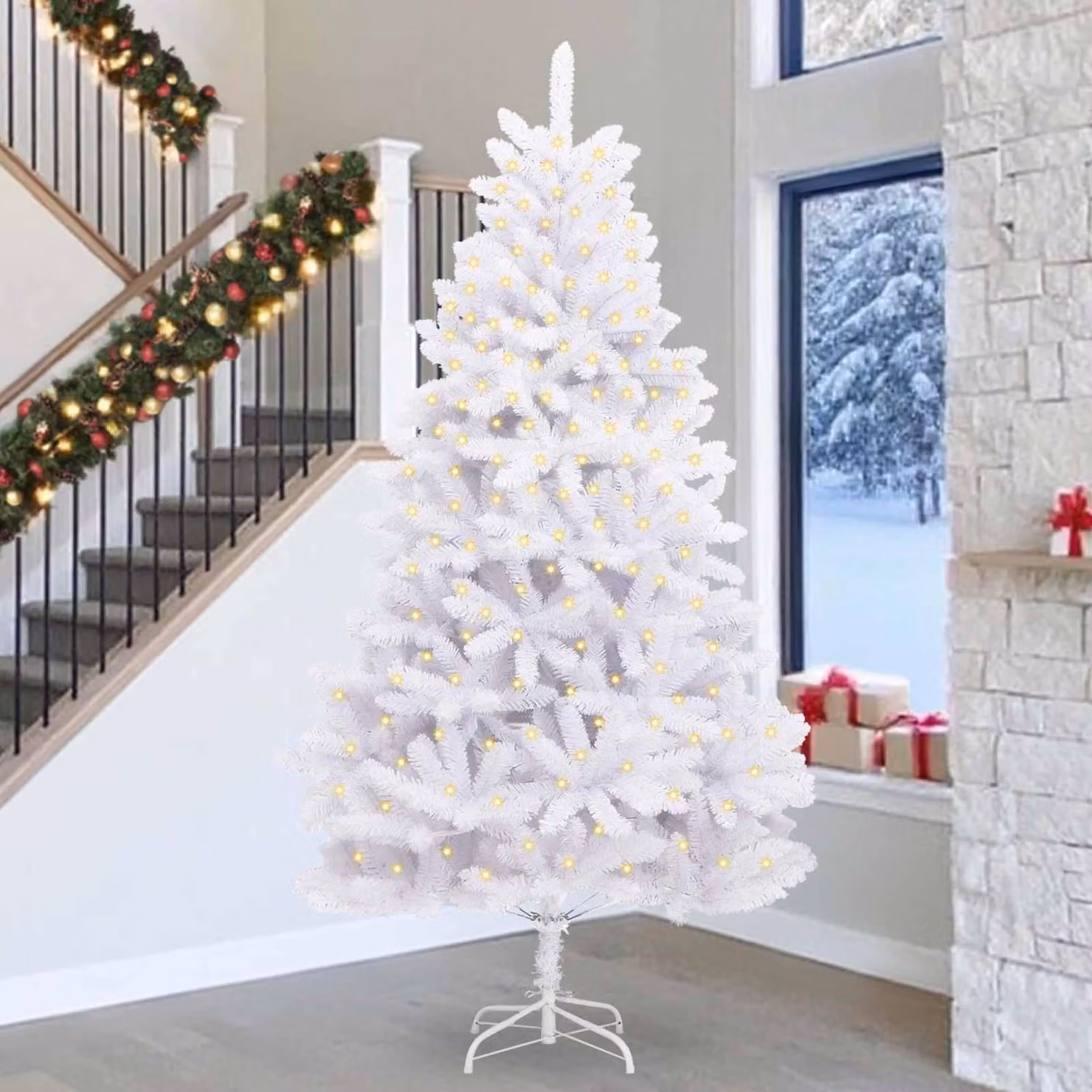 Maison Exclusive - Albero di Natale artificiale con 300 luci LED, realizzato in PVC e acciaio, colore bianco