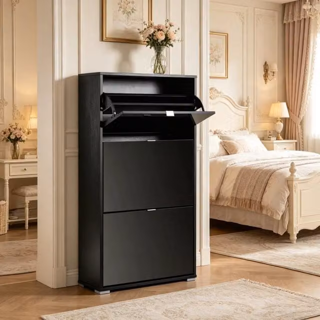 Scarpiera 60x26x124 cm con 3 ante a ribalta in MDF nero