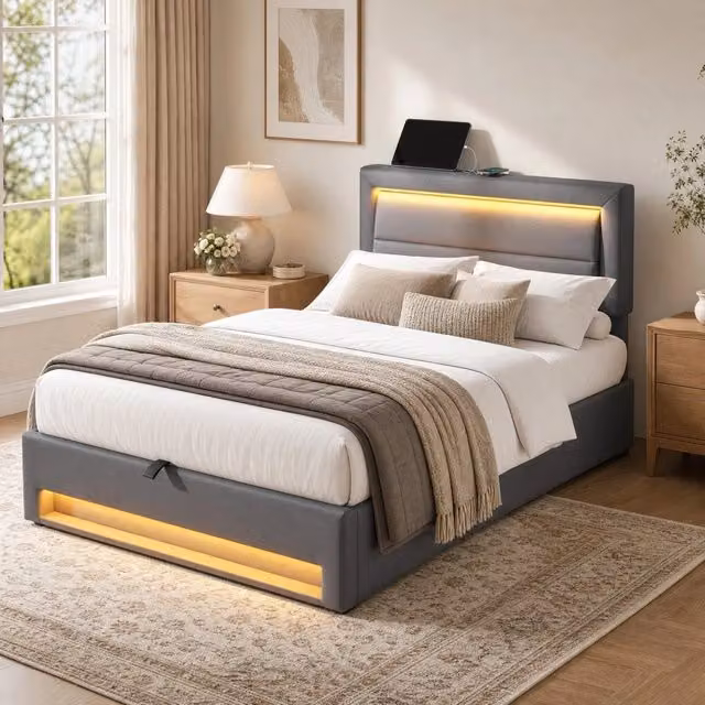 Letto imbottito 90x190 cm con contenitore, LED e ricarica USB in PU grigio