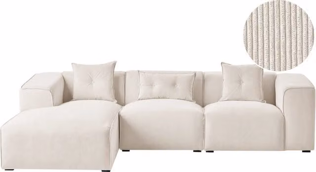 Divano Angolare Moderno Beliani in Velluto Bianco con Cuscini e Rivestimenti Rimovibili Lato Destro L/P/H: 294 x 170 x 90 cm