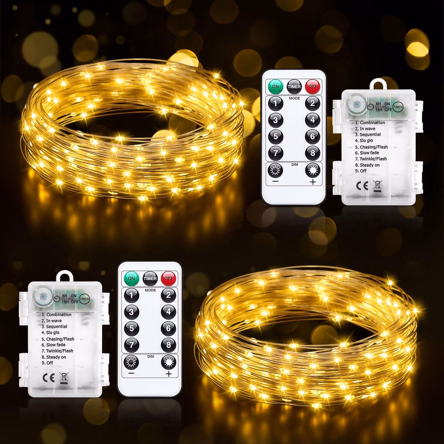 Catena luminosa a LED, 2 x 5 metri, 50 LED bianco caldo, alimentazione a batteria, grado di protezione IP65