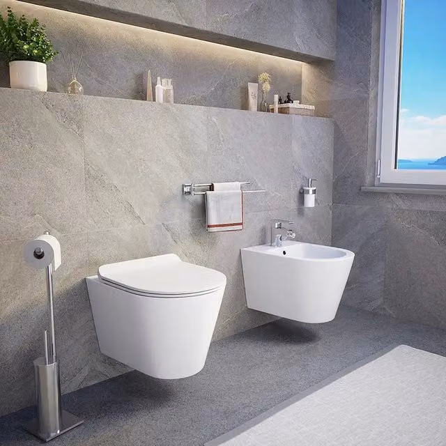 Sanitari sospesi in ceramica bianco lucido vaso rimless sedile soft-close e bidet | Barcellona