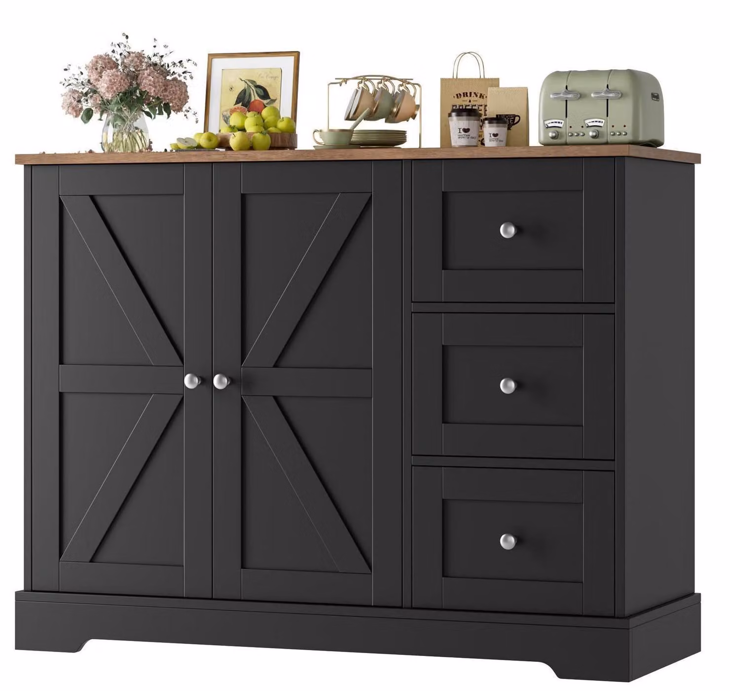 Credenza con 3 cassetti e 2 ante, nera e marrone