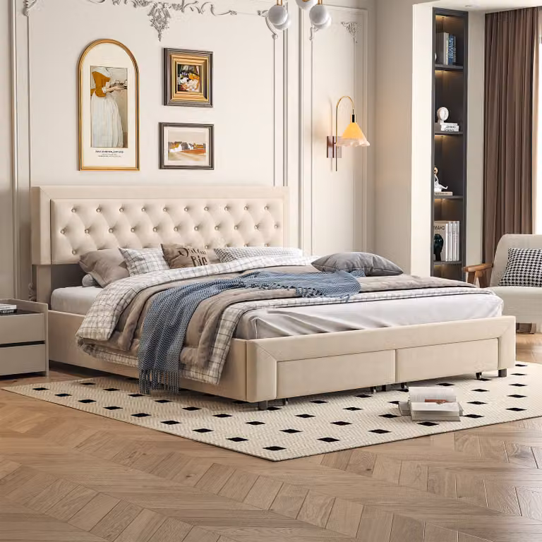 Letto imbottito ProximaX in velluto beige, dimensioni 160x200 cm, letto matrimoniale con cassetto, funzione idraulica, rete a doghe, struttura in legno massello con contenitore