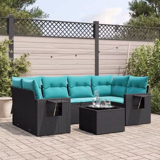 Set Divani da Giardino 7 pz con Cuscini Nero in Polyrattan 3219916