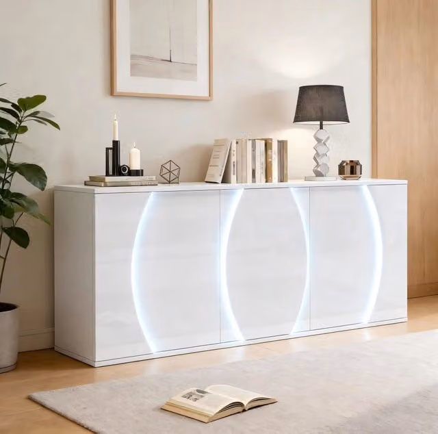 Sideboard in truciolato bianco lucido 150x40x70 cm con 3 ante e illuminazione LED integrata