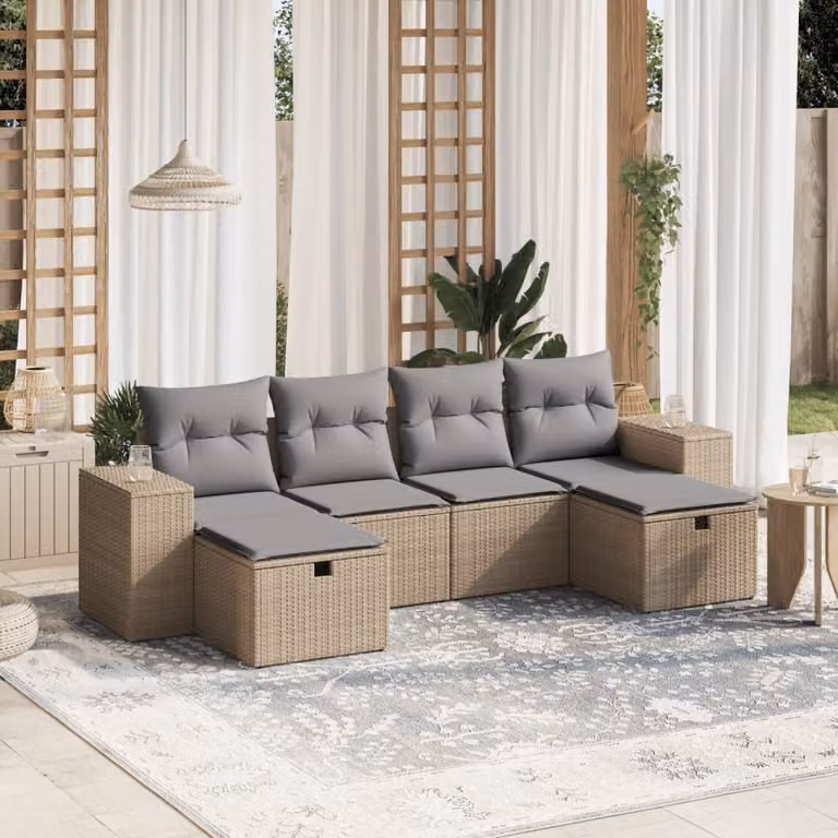 vidaXL Set Divano da Giardino a L composto da 6 pezzi con Cuscini Beige e Grigio in Polyrattan e Acciaio