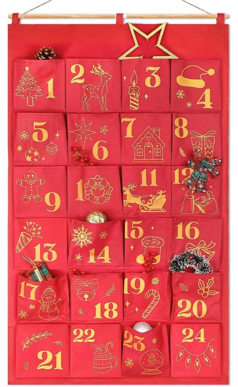 Calendario dell'Avvento in tessuto, da riempire, fai da te, rosso e oro, sacchetti, glitter