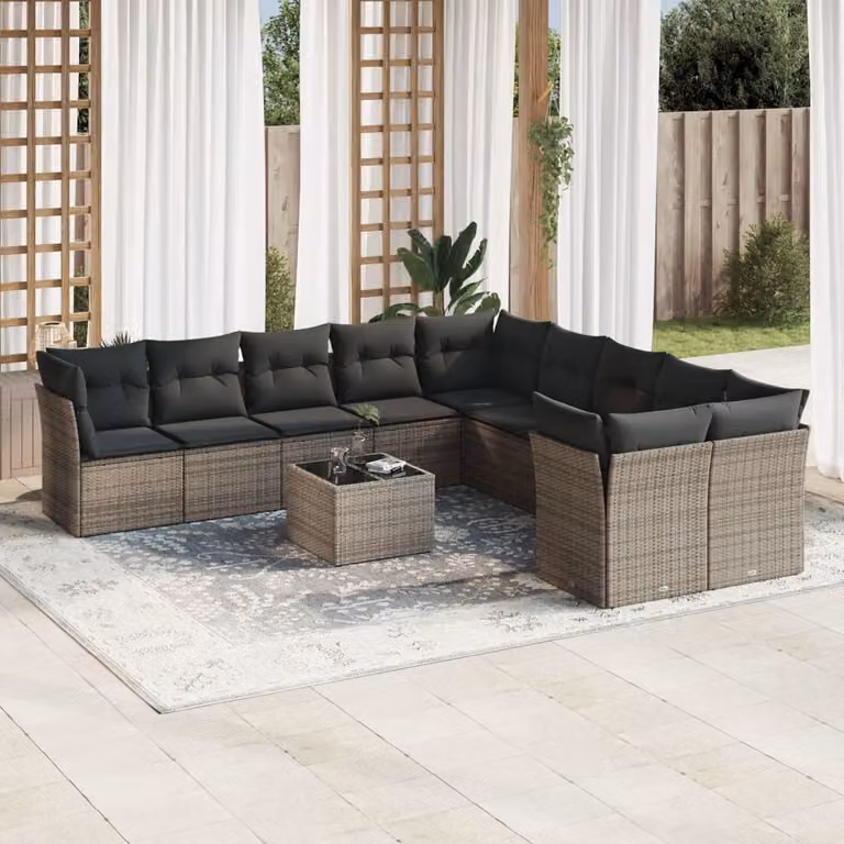vidaXL Set Divani da Giardino 11 pz a Forma a U con Tavolino in Vetro e Cuscini Grigio