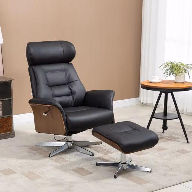 Poltrona relax girevole con pouf reclinabile in pelle rigenerata nera