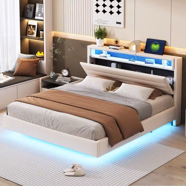 Letto Imbottito con LED e USB, Testiera Reversibile ¨C MINIMAL ¨C Tessuto Beige 160x200
