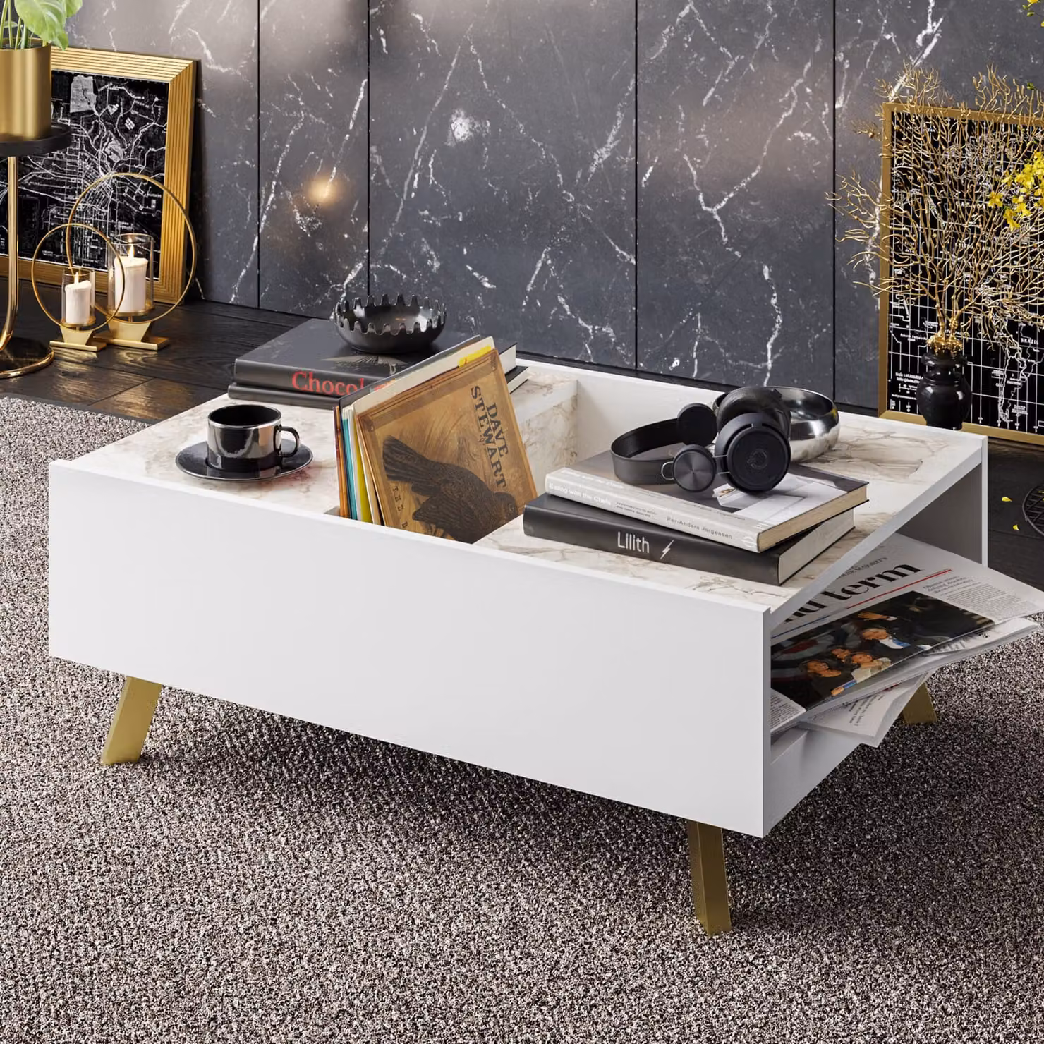 Skye Decor, tavolino moderno con gambe in metallo, 90 x 63 x 34 cm | Realizzato in pannello di particelle rivestito in melamina al 100%, spessore 18 mm | Colore bianco, numerosi ripiani, montabile a parete, design elegante effetto marmo.