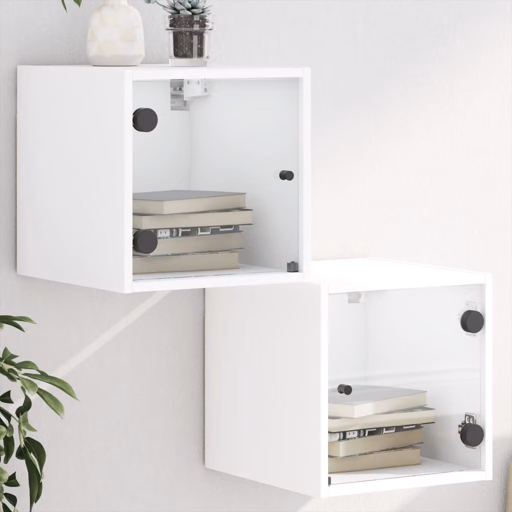 Set di 2 comodini vidaXL con ante in vetro, colore bianco, L/P/H: 35 x 37 x 35 cm