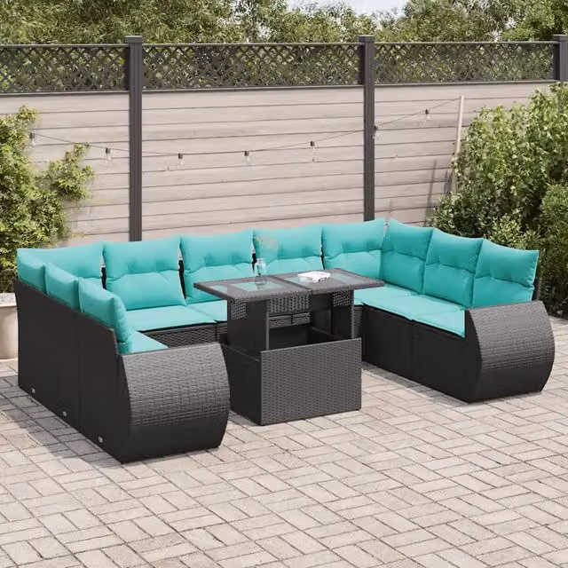 Set di Divani da Giardino a Forma di U con Tavolino vidaXL, 10 Pezzi in Polyrattan Nero con Cuscini Blu e Coperture Rimovibili