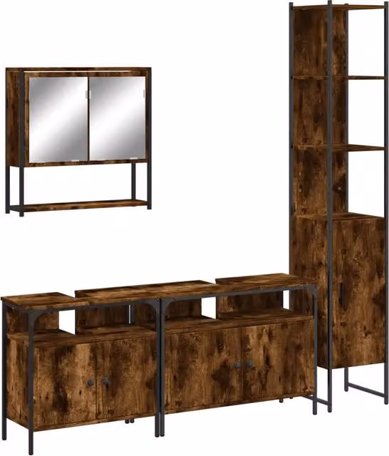 Set Mobili da Bagno Industrial in Legno e Metallo Marrone con Specchio e Armadietto Alto