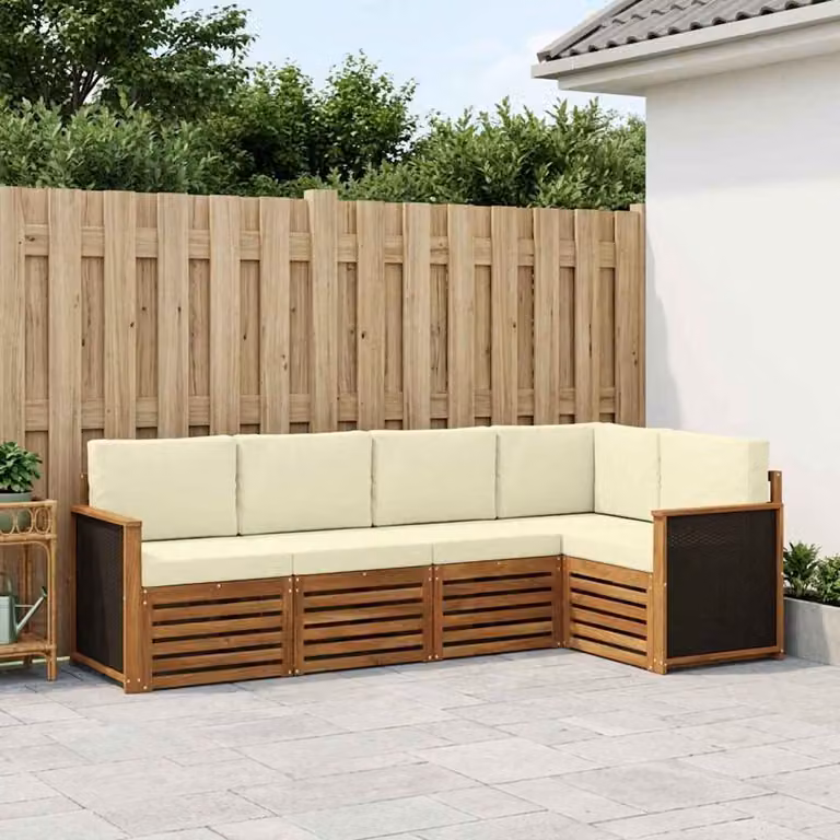 Set di divani da esterno vidaXL a forma di L in legno di acacia con cuscini, beige e bianco