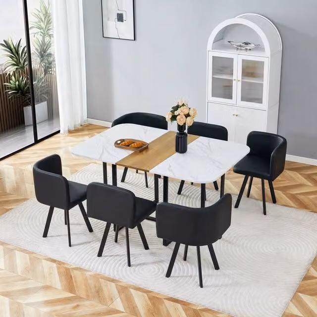 Tavolo da pranzo per 6 persone con 6 sedie, piano in melaminico e struttura in metallo, bianco e legno
