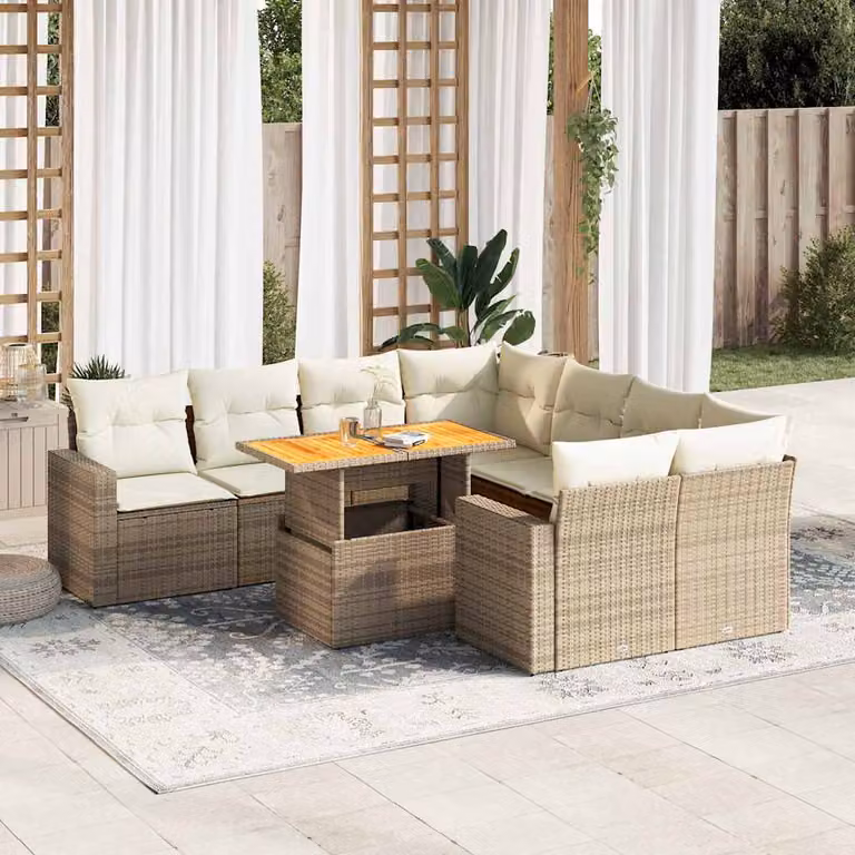 Set Divano da Giardino vidaXL 9 pz in Polyrattan con Cuscini Beige e Tavolino da Esterno