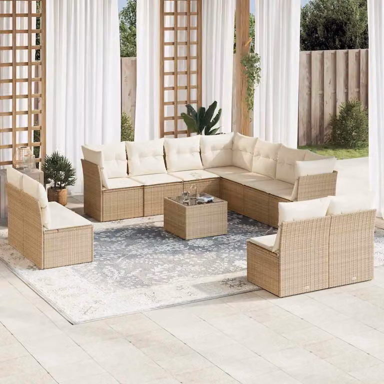 Set di Divani da Giardino vidaXL 12 Pezzi a Forma di U con Tavolino e Cuscini Beige in Polyrattan e Acciaio