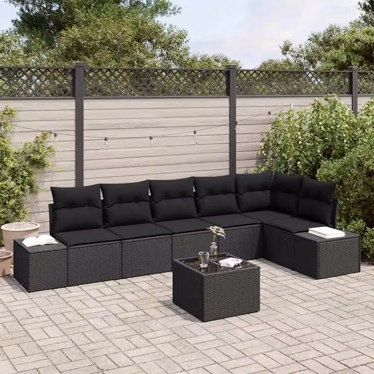 Set Divano da Giardino vidaXL 7 Pezzi con Cuscini e Tavolino Nero in Polyrattan e Acciaio